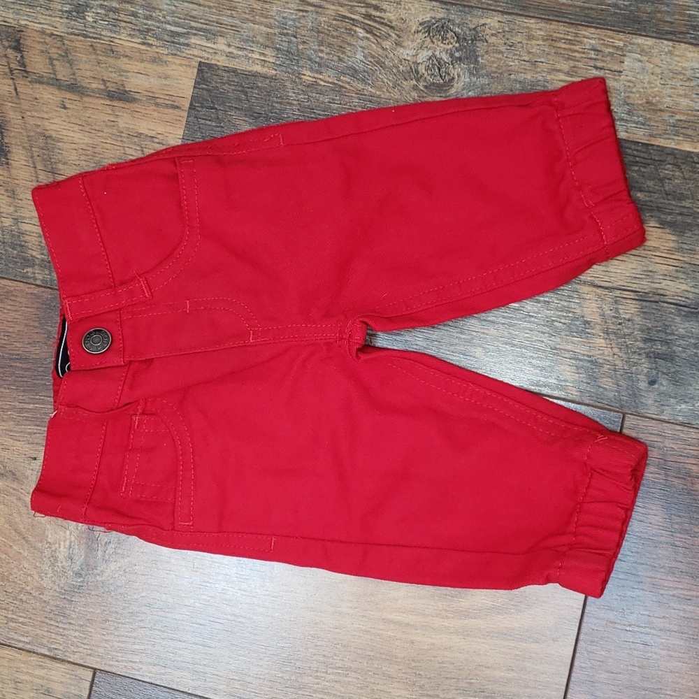 Coogi Red Cotton Pants with Black Embroidered Logo, Size 3-6 Months